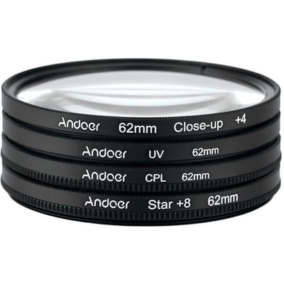 Andoer 62 mm UV+CPL+Close-Up+4 +Ster 8-punts filter Circulaire filterset Circulair polarisatorfilter 62 mm black