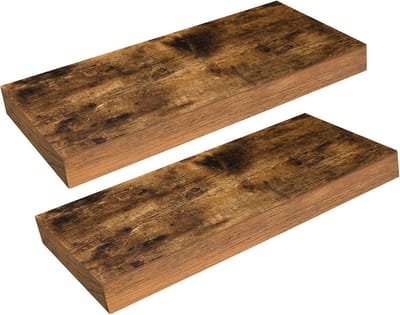 Famanu - Wandrek set van 2, rustiek bruin, zwevende houten planken met onzichtbare houders