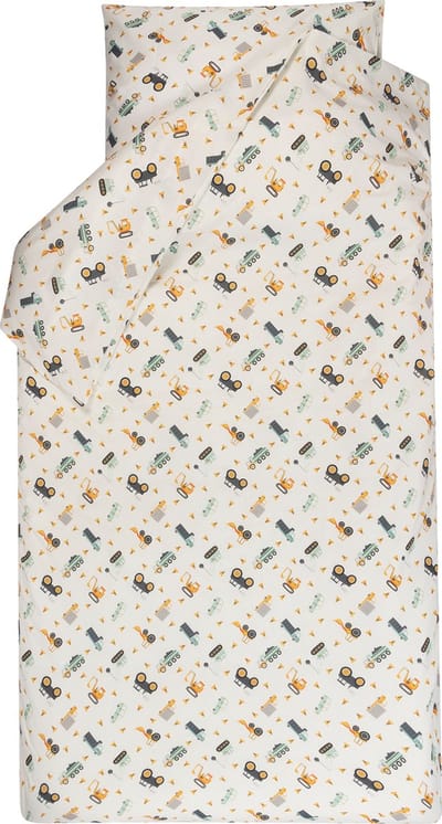 BINK Bedding Dekbedovertrek Bram junior 120 x 150 cm - kussensloop 60 x 70 cm - auto's - vrachtwagen - kiepwagen - tractor - werkvoertuigen - mintgroen - ecru - oranje - geel - grijs - tweezijdig - katoen - jongens - peuter - kleuter