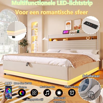 VVBV Gestoffeerd Opbergbed 180x200 cm - Hydraulische Opbergruimte, App-bediening, USB-C - Linnen Beige - Zonder Matras