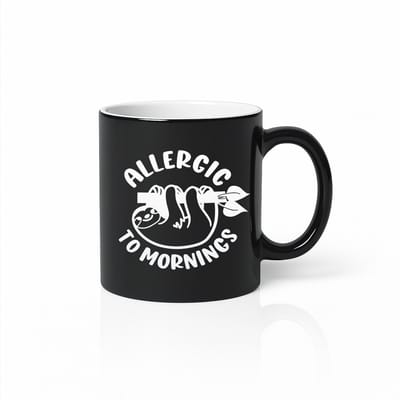 Allergic to Mornings Black Magic Mok – 330 ml – Grappige Luiaard Koffiemok voor Ochtendhaters