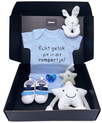 Groot kraamcadeau jongen, geschenkdoos met blauwe romper, muziekmobiel, rammelaar, babyschoentjes en speen - Luxe kraamcadeau - kan rechtstreeks worden verstuurd als cadeau