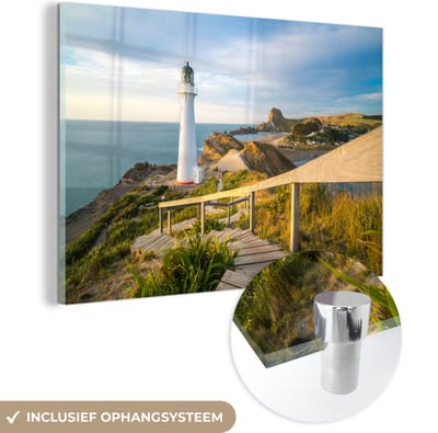 MuchoWow® Glasschilderij 120x80 cm - Schilderij acrylglas - Zee - Vuurtoren - Wit - Foto op glas - Muurdecoratie woonkamer - Wanddecoratie slaapkamer - Schilderijen