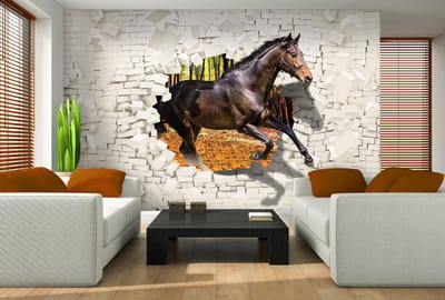Horse Forest Brick Wall Hole Brown Photo Wallcovering