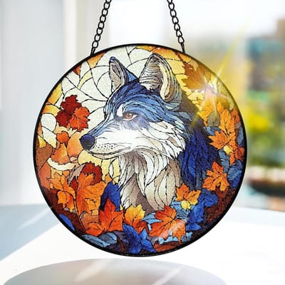 Wolf Gevlochten Glas Zonnescherm voor Raamdecoratie - Dierenontwerp voor Binnen en Buiten - Uniek Cadeau voor Thuis - 20x20cm met Ketting en Haak