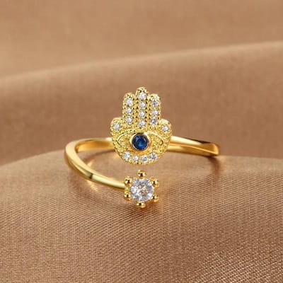 Yiluocd Bagues Réglables Main de Hamsa Bague Œil Maléfique en Zircone Turque Pour Femmes Main de Fatima Amulette Porte-Bonheur Bijoux Protection Cadeau beige