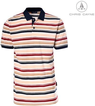 Chris Cayne heren poloshirt - M - offwhite/donkerrood/navy - gestreept patroon - korte mouw - pique - Katoen