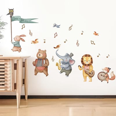 Muursticker Muzikale Dieren - Babykamer - Kinderkamer - 108x52cm - Zelfklevend PVC - Leeuw - Olifant - Beer - Konijn - Vos