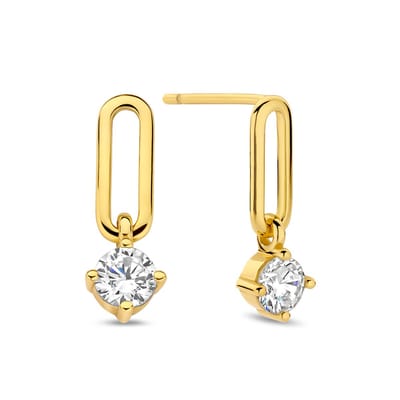 New Bling - 9NB-1610 - Zilveren Oorbellen met Witte Zirkonia-Steentjes – Goudkleurig – Dames Oorbellen - 18mm
