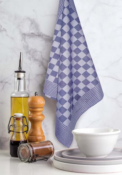 Treb Horecalinnen Theedoeken 65x65cm Blauw Wit Geblokt 96 Stuks a € 1,59 per stuk exclusief btw Treb WS