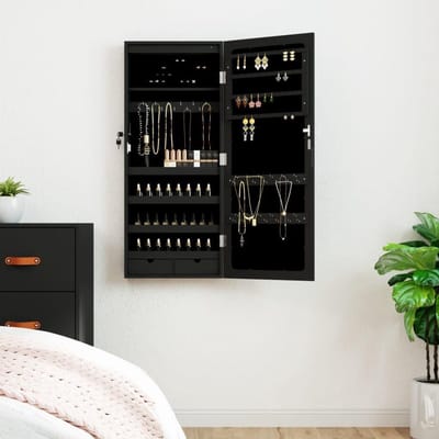 Sieradenkast Spiegel - Opberger met LED - Sieraden Organiseren - Wandmontage Mogelijk - 375 cm Breed - Zwart