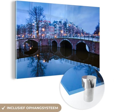 MuchoWow® Glasschilderij 60x40 cm - Schilderij acrylglas - Amsterdam - Winter - Water - Foto op glas - Schilderijen