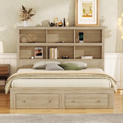VVBV Bed met Opbergruimte 160x200 cm - Opbergruimte, Hoofdbord, 2 Lades, Lades - Spaanplaat Naturel