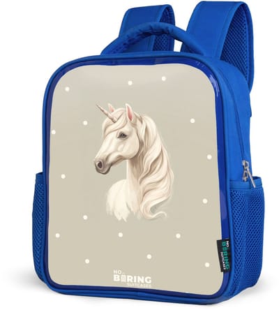 NoBoringSuitcases.com® - Rugzak blauw - Schooltas jongens - Eenhoorn omringd door stippen in neutrale kleuren - Kinder rugtas jongen - Boekentas kind - Kinderrugzak voor school - Schoolrugzak