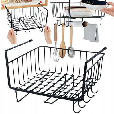 Onderbouw Metalen Mand met 5 Haken & Papierhouder - Zwart