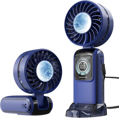 Draagbare oplaadbare ventilator met 5 snelheden en koelfunctie, opvouwbare mini-ventilator, USB-mini-elektrische ventilator, geschikt voor op reis, thuis, op kantoor en buitenshuis – Donkerblauw