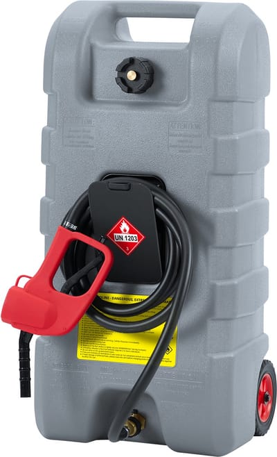 15 gallon (56 liter) brandstofkan, slanke, robuuste dieselkan en brandstofwagen met handmatige overpomppomp, draagbare brandstoftank op wielen met een slang van 300cm voor grasmaaiers, auto’s, boten, ATV’s, thuis- en landbouwgebruik, Grijs