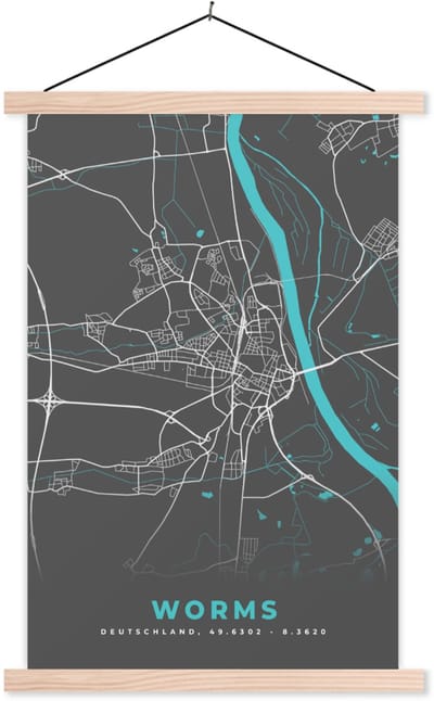 Posterhanger incl. Poster 60x90 cm - Schoolplaat - Stadskaart – Worms – Duitsland – Plattegrond – Kaart - Textielposter - Blanke latten - Stadskaart