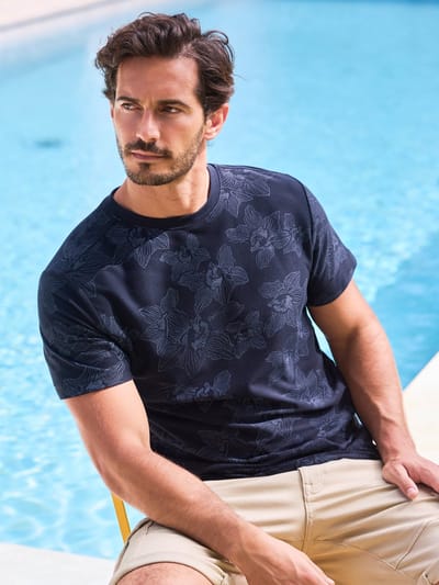 LERROS T-shirt met bloemenprint en ronde hals van jersey , Maat: S , Kleur: CLASSIC NAVY , 100% katoen