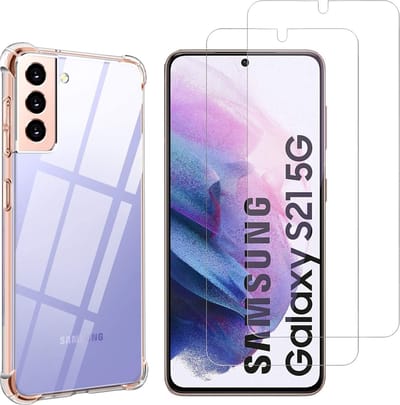 Hoesje voor Samsung Galaxy S21 backcover Shockproof siliconen Transparant en 2 stuks Screenprotector Gehard Glas