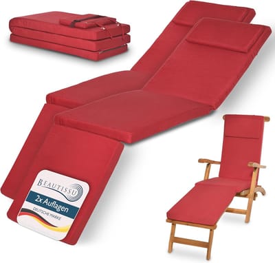 Beautissu 2x Set LoftLux DC tuinkussen voor deckchair 175 x 45 x 5 cm – ligbedkussen rood - tuinkussens hoge rug - kussen ligstoel