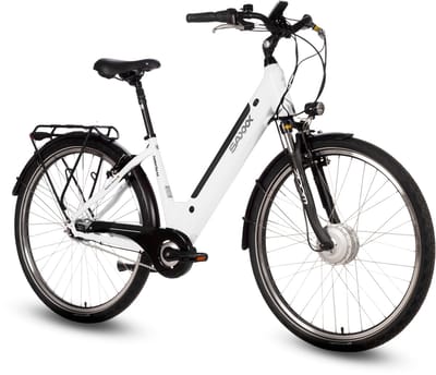 saxxx Comfort Plus 4.0 - 26 inch elektrische stadsfiets - actieradius tot 90 km - 95% voorgemonteerd - voorwielmotor - 36V 418Wh accu - Shimano 7-speed naafversnelling - LCD-display - Wit glanzend