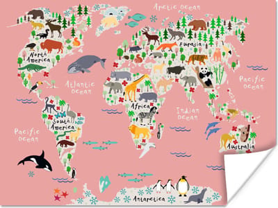 Wereldkaart - Kinderen - Roze - Dieren - 40x30 cm - Poster