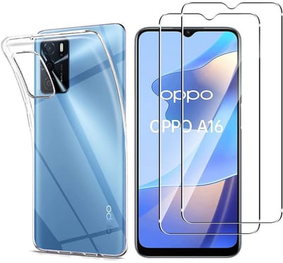 Hoesje Ultraslank geschikt voor Oppo a16 backcover siliconen Transparant en 2 stuks ScreenProtector Gehard Glas