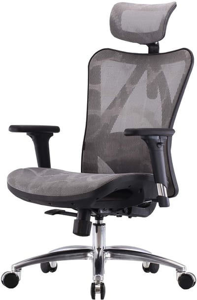 SIHOO bureaustoel bureaustoel, ergonomisch, verstelbare armleuning, 150kg belastbaar ~ grijze bekleding, zwart frame