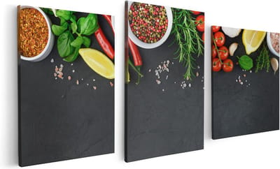 Artaza Canvas Schilderij Drieluik Kruiden Met Groenten Op Een Zwarte Plaat - 120x60 - Foto Op Canvas - Canvas Print