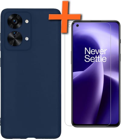 Hoes - Met Screenprotector - Geschikt voor OnePlus Nord 2T - Sterk & Shockproof - Back Cover - Siliconen Case - Telefoon Hoes - Donkerblauw