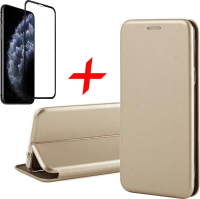 Hoesje geschikt voor iPhone 11 Pro Max - Screen Protector FullGuard - Book Case Kunstleer ThinShield Goud & Screenprotector