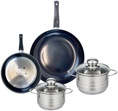 Set van 2 Koekenpannen 20 en 28 cm en 2 kookpotten 14 en 16 cm Elo Prima Glanzend
