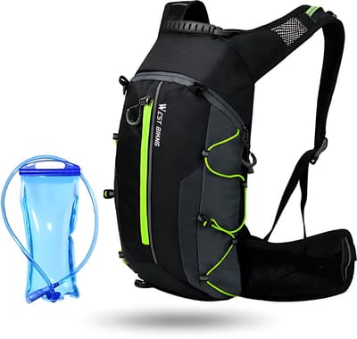 CarryQuest® - 16L Opvouwbare Fietsrugzak + 2L Waterzak - Waterafstotende Nylon Hydratierugzak met Ademend Rugpaneel, Borstband & Heuptas - 44x26x9 cm - Zwart/Groen