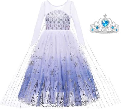 La Señorita Elsa jurk IJskristallen wit blauw Deluxe 116-122 (130) - met sleep + kroon Prinsessen jurk verkleedkleding ijsprinses Elsa meisje