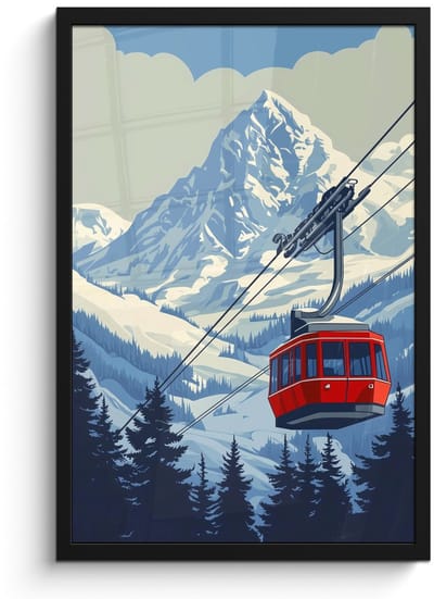 Poster in lijst - Fotolijst 40x60 cm - Posters - Kabelbaan - Sneeuw - Berglandschap - Posterlijst zwart - Decoratie - Wanddecoratie woonkamer - Muurdecoratie slaapkamer