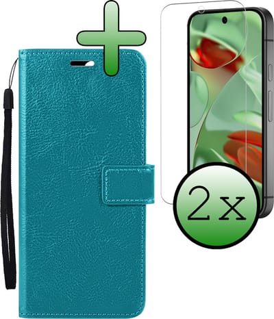 Hoesje Met 2x Screenprotector - Geschikt voor Google Pixel 9 - Luxe Pasjeshouder - Bookcase Portemonee - Flip Case - Kunstleer Book Case - Flipcase Hoes - Book Cover - Walletcase - Portemonneehoes - Turquoise