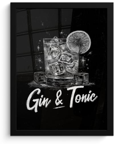 Poster in lijst - Fotolijst 30x40 cm - Posters - Gin en tonic - Glas - Limoen - Ijsblokjes - Posterlijst zwart - Decoratie - Wanddecoratie woonkamer - Muurdecoratie slaapkamer