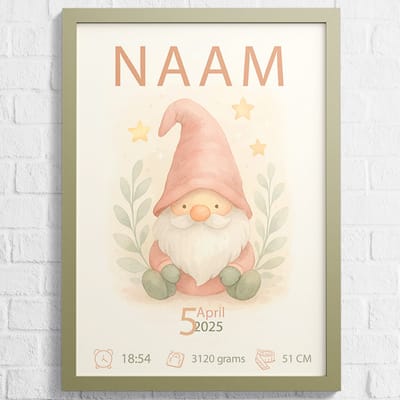 Babyposter - Kabouter - Gepersonaliseerd met naam en geboorte gegevens - Poster voor baby - 30 x 40 cm - Baby posters