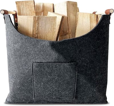 FLOORDIREKT Vilten Tas Vesta - Met Houten Hengsels - 45 x 32 x 41 cm - 60 Liter - Antraciet - Praktisch - Opvouwbare Shopper - Vilten Boodschappentas