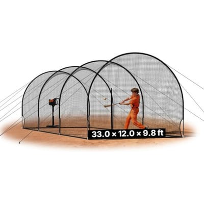 VEVOR honkbal slagkooi (halfrond) net 10058x3660x3000 mm, trainingsnet met 4-laags & knooploos polyesterweefsel & opening voor werpmachines, incl. softbal trainingskooi net