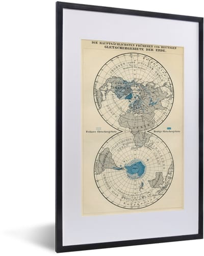 Poster in lijst - Fotolijst 40x60 cm - Posters - Gletsjers op vintage wereldkaart - Posterlijst zwart - Decoratie - Wanddecoratie woonkamer - Muurdecoratie slaapkamer