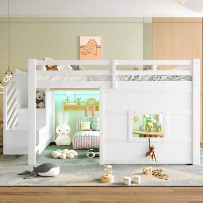 140x200 cm hoogslaper met opberglade en trap - met raam - wit