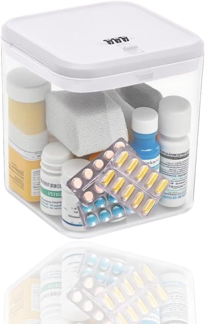 Veilige Opbergdoos voor Medicijnen en Waardevolle Spullen, Transparant en Mobiel, Geschikt voor Keuken, School en Reizen, Met Combinatieslot en Compact Ontwerp (14.1 x)