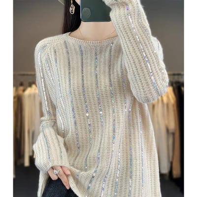 Wintertruien Herfst Dames Glitterprint Coltrui Vleermuistruien Breien Losse Trui One Size beige