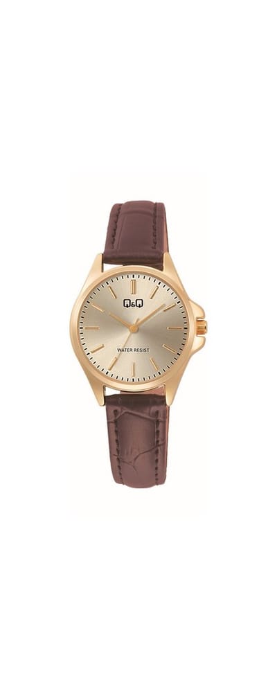 Q&Q C37A-009PY - Horloge - Analoog - Dames - Vrouwen - Leren band - Rond - Metaal - Streepjes - Bruin - Goudkleurig