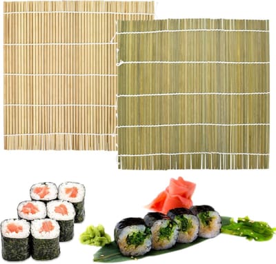 Sushi Tapijt van natuurlijk bamboe, 2 rollen, bamboe, mat, sushi, wasbaar, herbruikbaar, voor keuken, feest, beginners, 24 x 24 cm