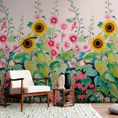 Fotobehang Profhome 398831-GU vliesbehang hardvinyl warmdruk in reliëf glad met bloemen patroon mat roze groen geel blauw 1,59 m x 2,8 m