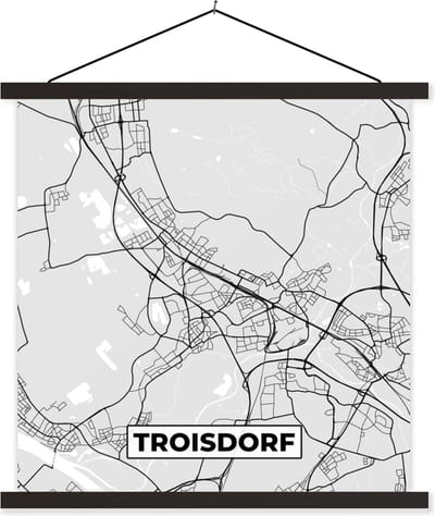 Posterhanger incl. Poster 60x60 cm - Schoolplaat - Troisdorf - Kaart - Stadskaart - Plattegrond - Duitsland - Textielposter - Zwarte latten - Stadskaart