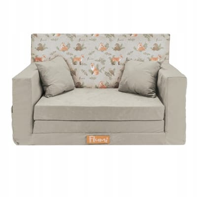 Flumi opvouwbare mini kindersofa – zachte kinderbank met uitklapfunctie en afneembare hoes, lichtgrijs + vossenmotief